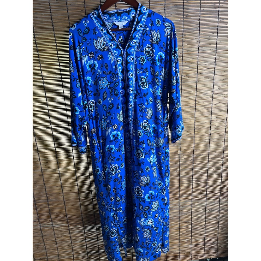 Charter Club Intimates Blue Floral Rayon Long Open Front Robe XS WPL 8046